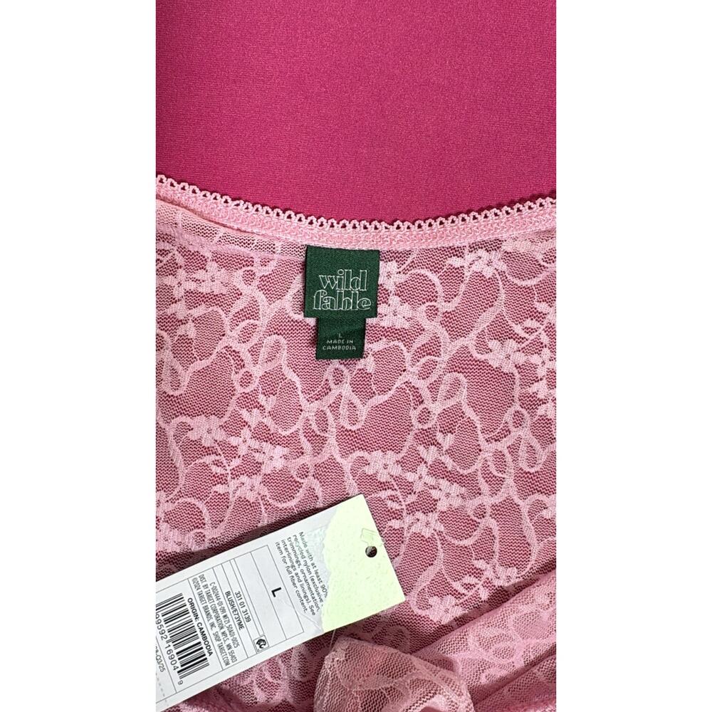 Wild Fable Pink Lace Long Sleeve Top Size L Sheer Floral Y2K Stretch New - Picture 3 of 5